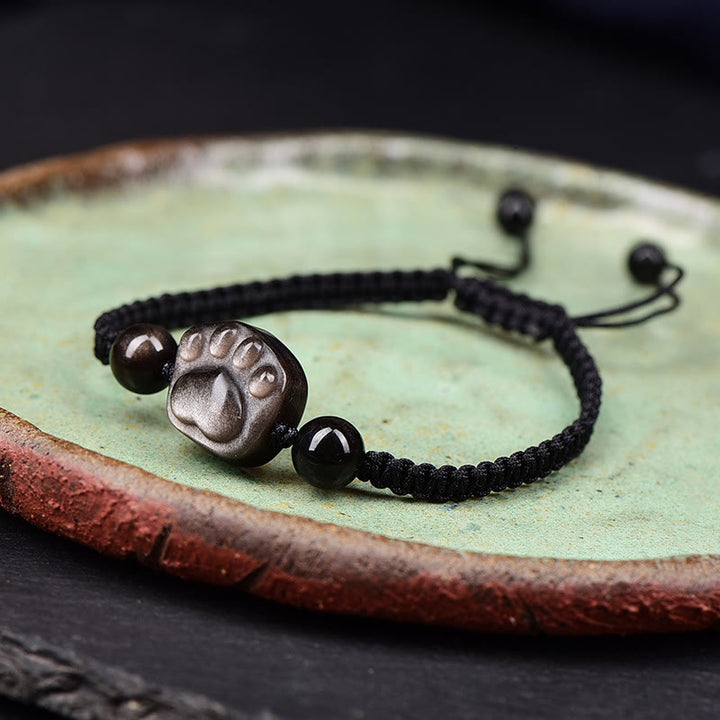 Buddha Stones天然銀光沢黒曜石 金光沢黒曜石 かわいい猫の足爪保護ロープブレスレット - image 8