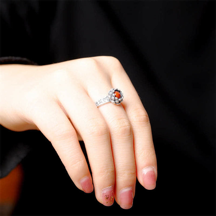 Buddha Stones 925スターリングシルバー ロータスレッドアゲート 自信の祝福リング
