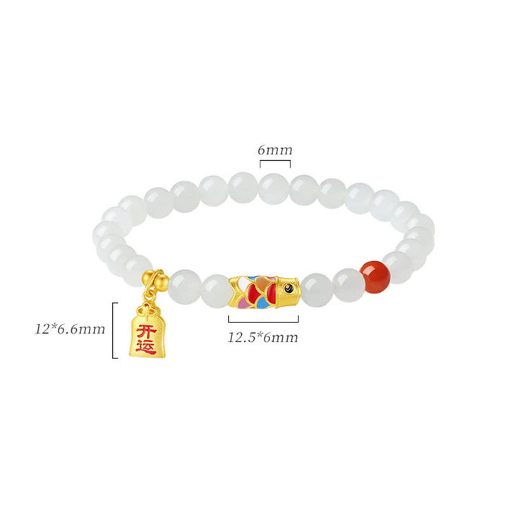 Buddha Stones925 スターリングシルバー 和田白翡翠 赤瑪瑙 鯉 幸運 幸福 ブレスレット