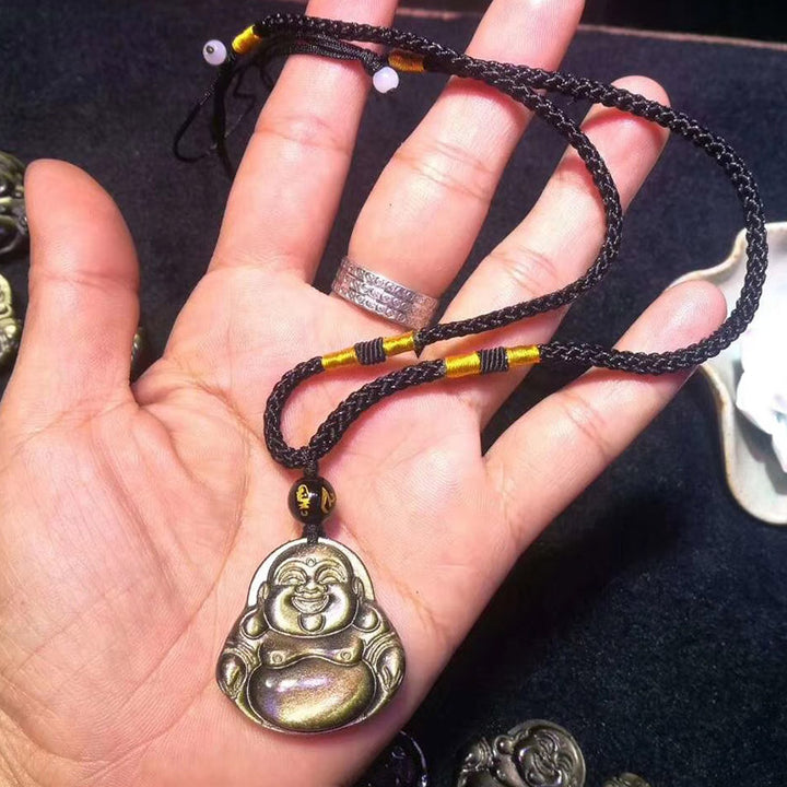 Buddha Stones笑う仏陀 金の輝き 黒曜石 富のネックレス ペンダント - 弦 - image 4