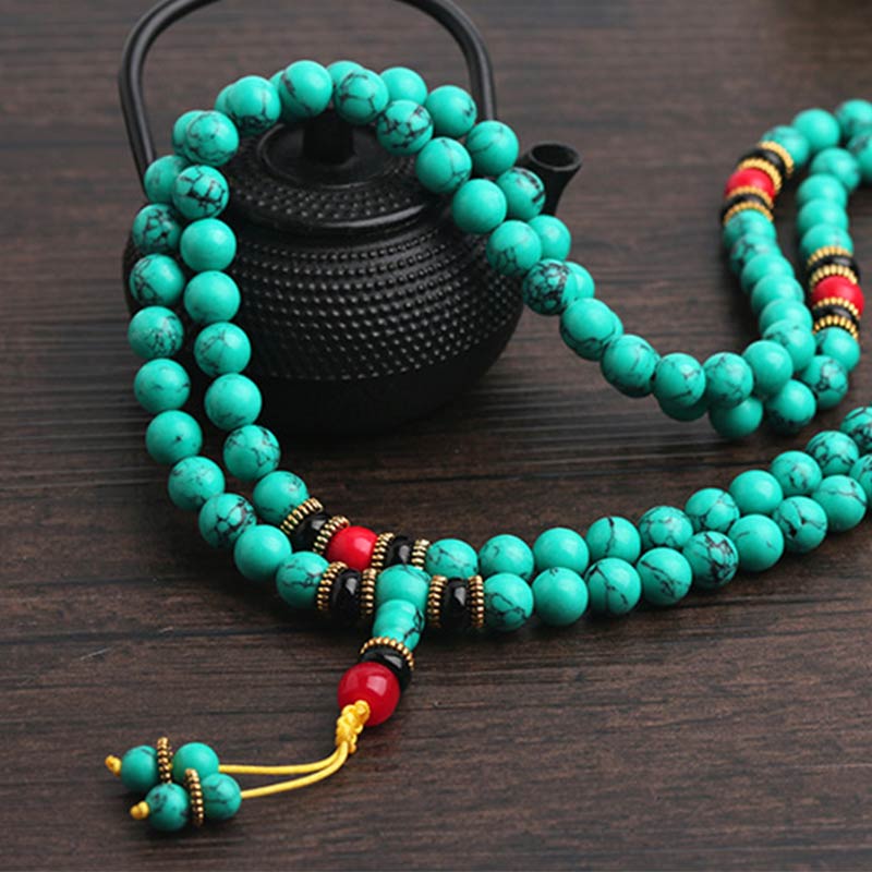 Buddha Stones チベット風 ターコイズ数珠ブレスレット 浄化 癒し 瞑想 マントラ風 メンズ レディース