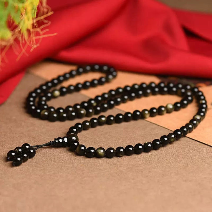Buddha Stones 108Malaビーズ 天然ゴールド 光沢 黒曜石 富のブレスレット