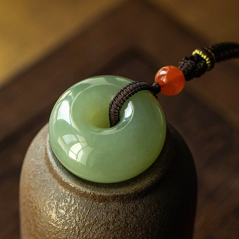 Buddha Stones天然丸翡翠グレー翡翠平和バックル幸運ネックレスペンダント