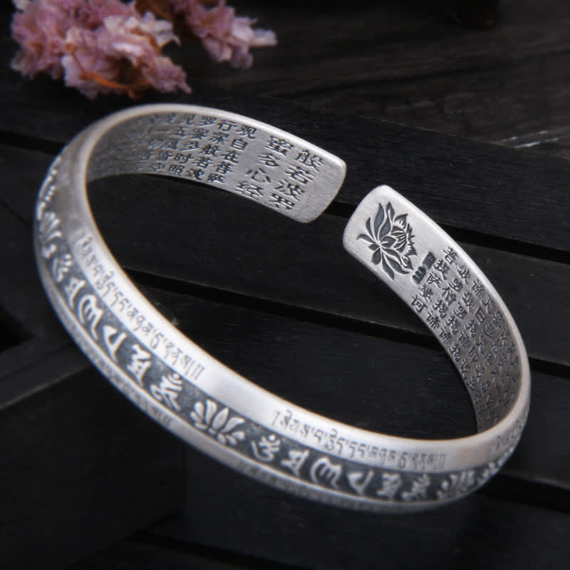 Buddha Stones999スターリングシルバーオーム・マニ・パドメ・フム般若心経 蓮華座 平和ブレスレット バングル