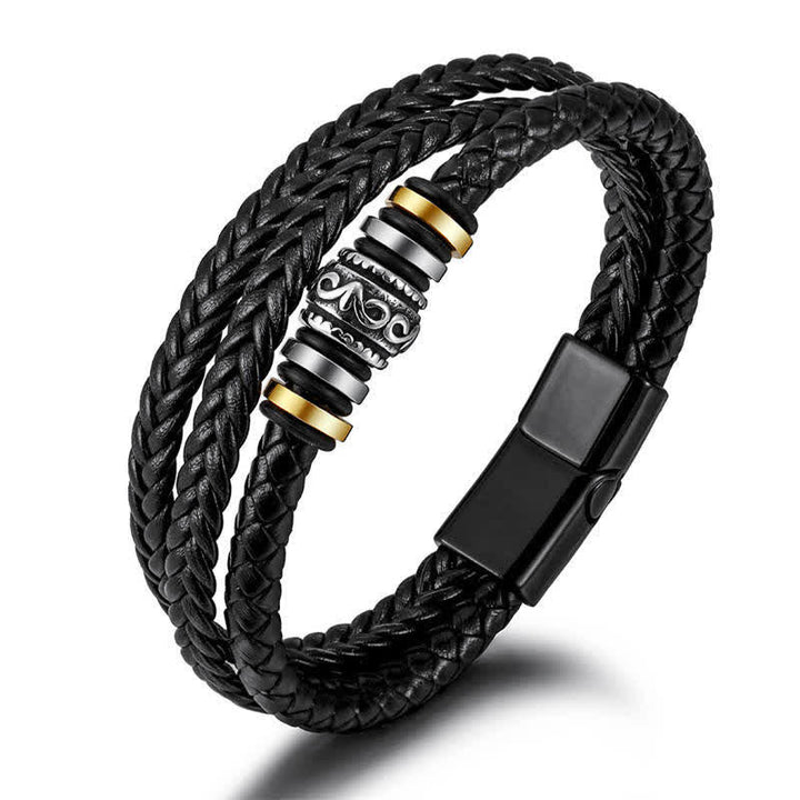 Buddha Stonesレザーレイヤードチタンスチールバランス編みブレスレット