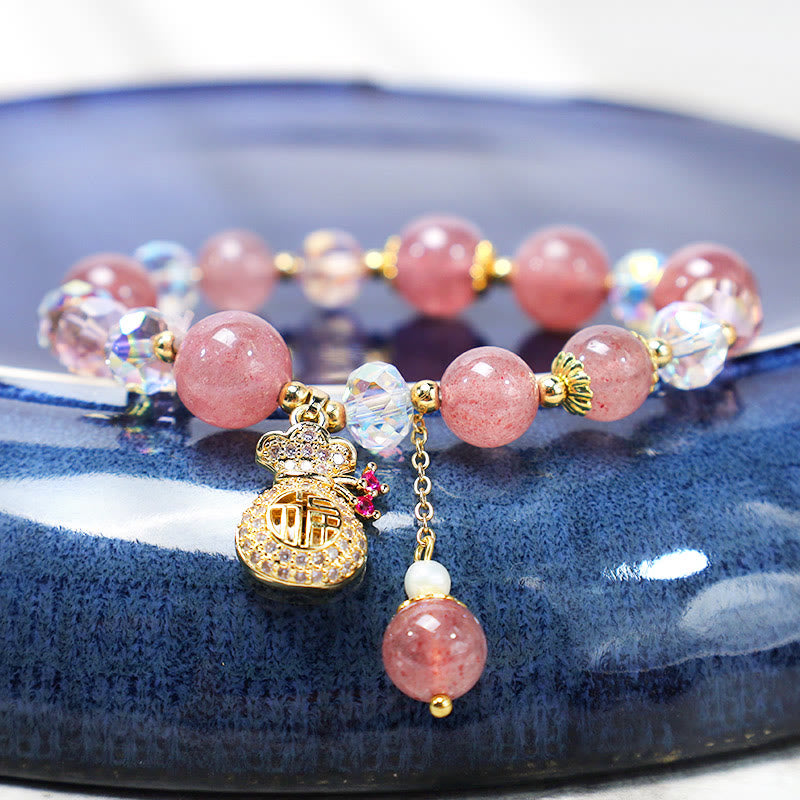 Buddha Stones 天然ストロベリークォーツ マネーバッグチャーム付き ポジティブブレスレット