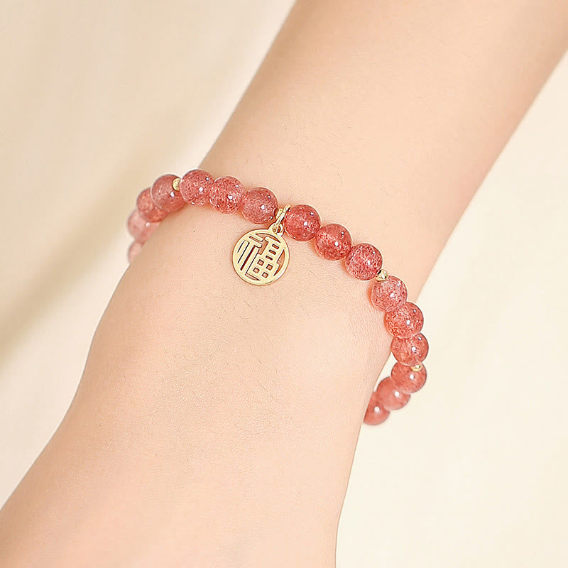 Buddha Stones14Kゴールドメッキ ストロベリークォーツ フーキャラクター ヒーリングチャームブレスレット