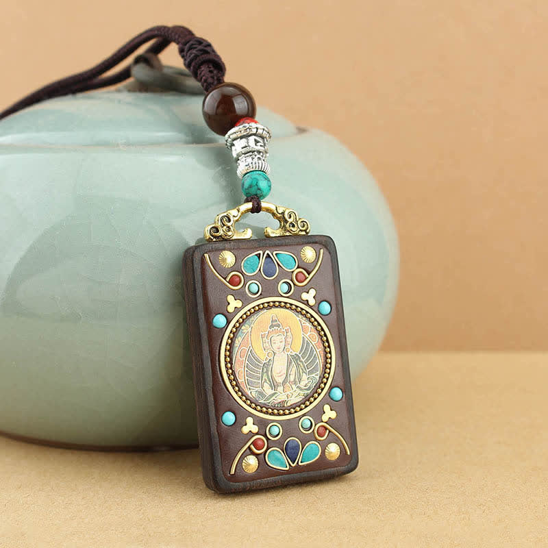 Buddha Stonesチベット 富の神 タンカ 黒檀 平和 ネックレス ペンダント