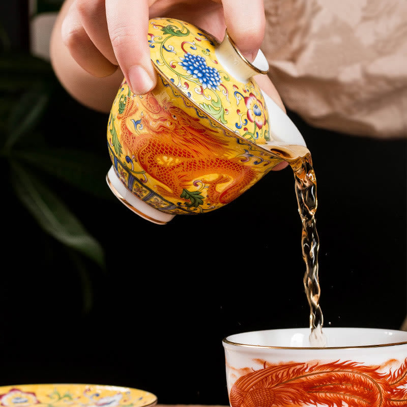 Buddha Stones龍鳳凰花デザイン陶器蓋碗三彩ティーカップカンフーティーカップ＆ソーサー蓋付き