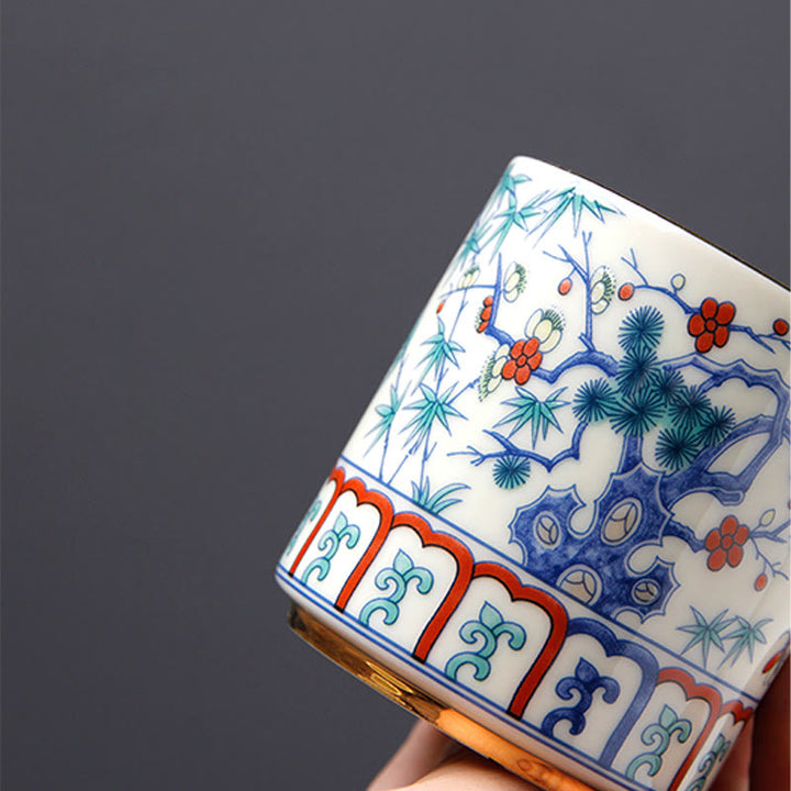 Buddha Stonesヴィンテージ 梅の花 松 竹 鳳凰 麒麟 獅子舞 陶器 ティーカップ ティーカップ