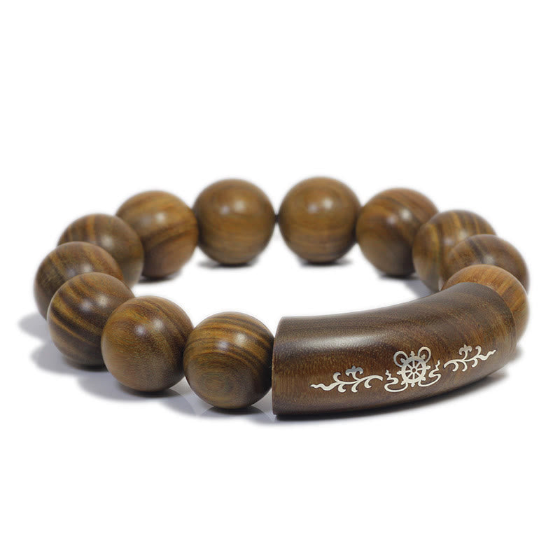 Buddha Stones999 スターリングシルバー グリーンサンダルウッドオーム・マニ・パドメ・フムドラゴンフェニックス ダルマチャクラ象嵌 平和ブレスレット