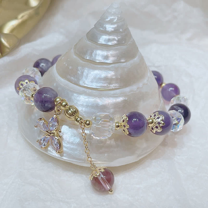 Buddha Stones 天然アメジストのスピリチュアル 蝶モチーフチャームブレスレット