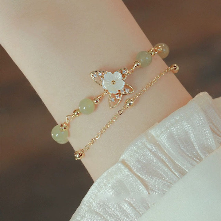 Buddha Stones 14K金メッキ 翡翠＆シャコガイ バタフライモチーフ 2連幸運ブレスレット
