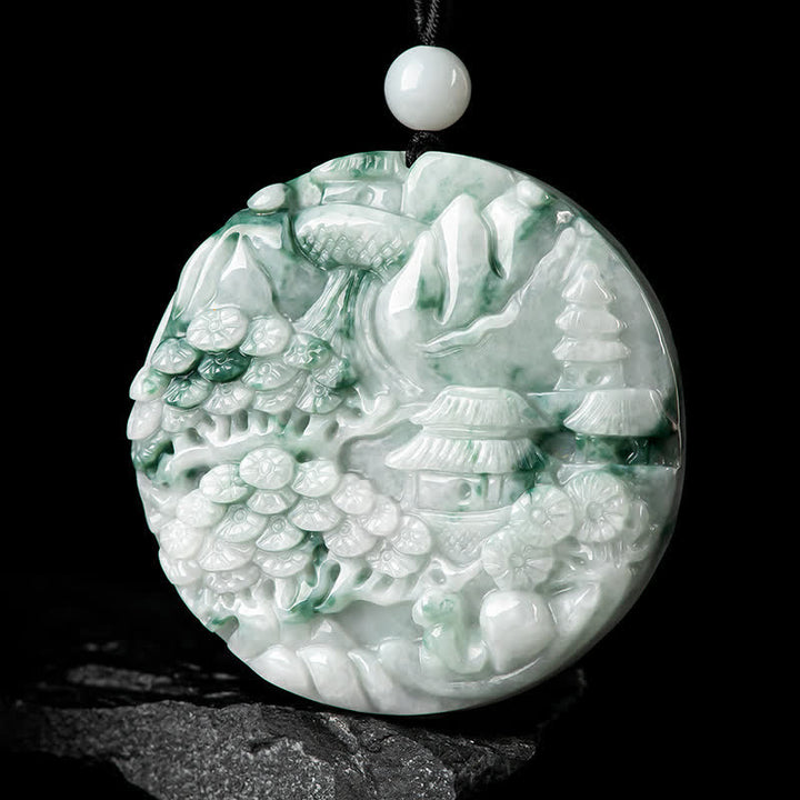 Buddha Stones、山の風景、翡翠の豊かさの紐ネックレス
