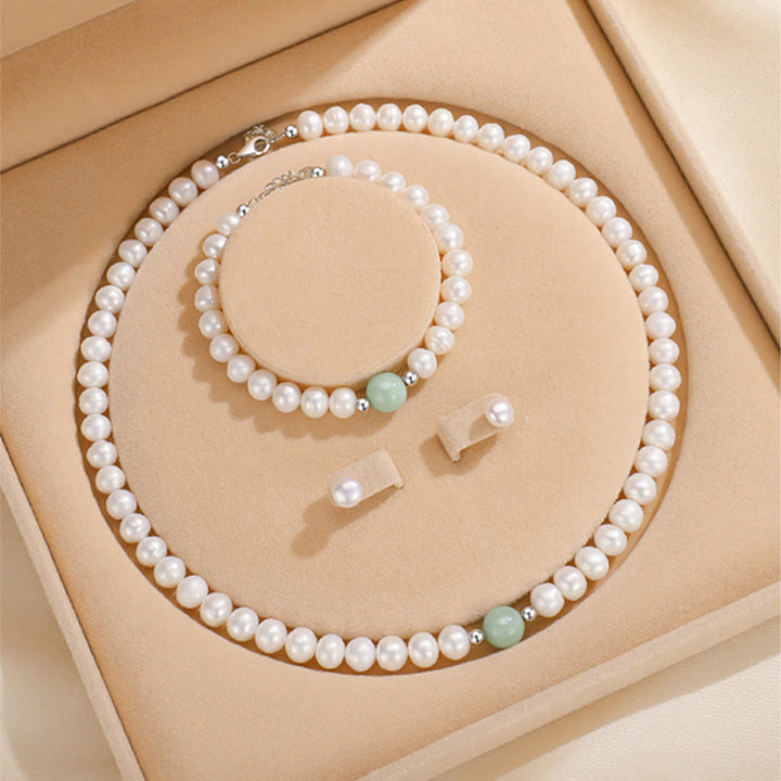 Buddha Stones 925スターリングシルバー 天然パール 翡翠 ヒーリングネックレス ブレスレット イヤリング ギフトボックス付き