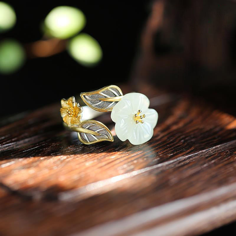 Buddha Stones925シルバーメッキ銅白翡翠梅花葉幸運リング