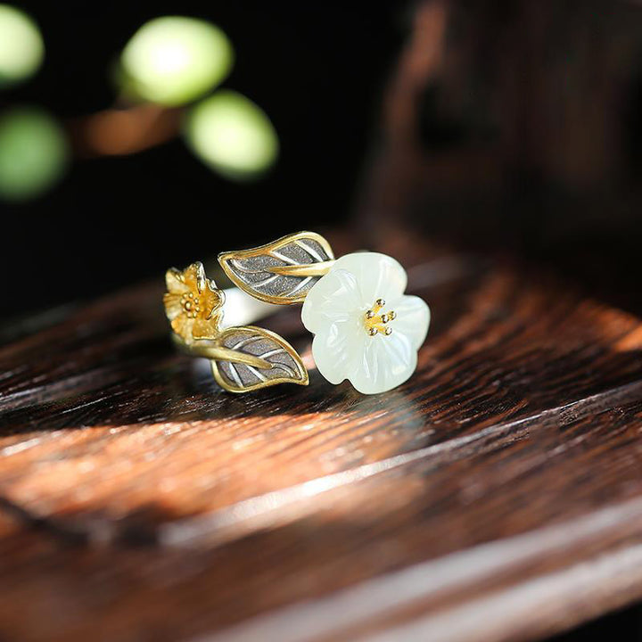 Buddha Stones925シルバーメッキ銅白翡翠梅花葉幸運リング