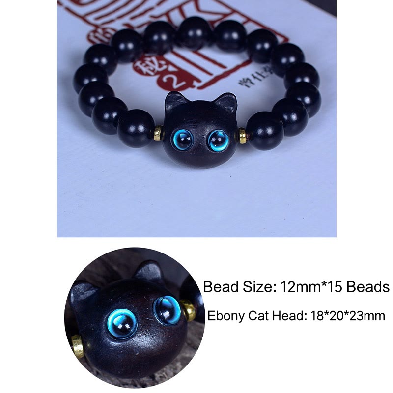 Buddha Stones、黒檀、琉璃ガラス、愛らしい猫の平和バランスブレスレット - image 15