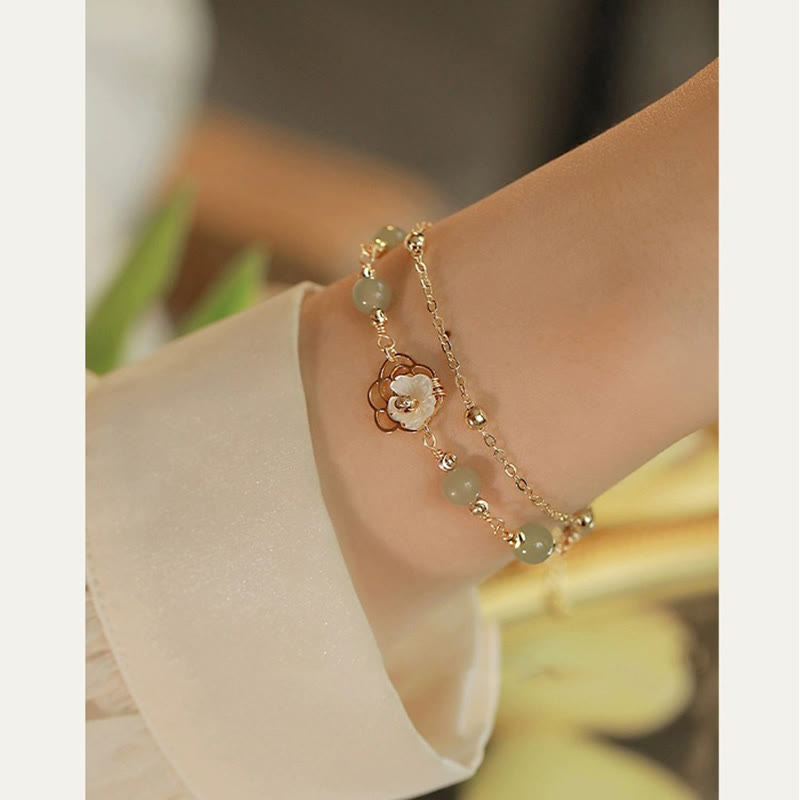 Buddha Stones 14K金メッキ 翡翠＆シャコガイ バタフライモチーフ 2連幸運ブレスレット