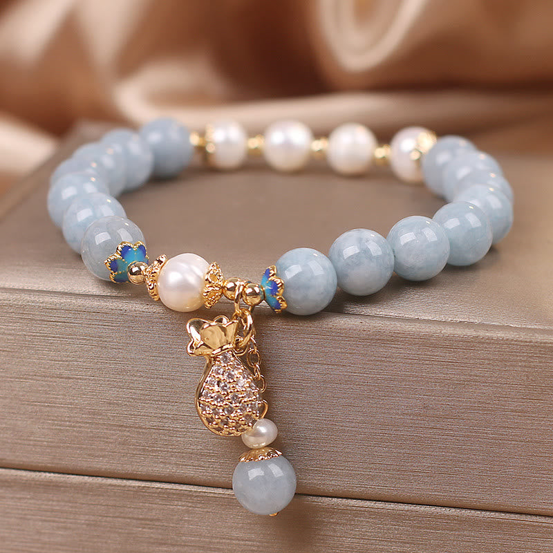Buddha Stonesアクアマリンパール フォーチュン マネーバッグチャームブレスレット