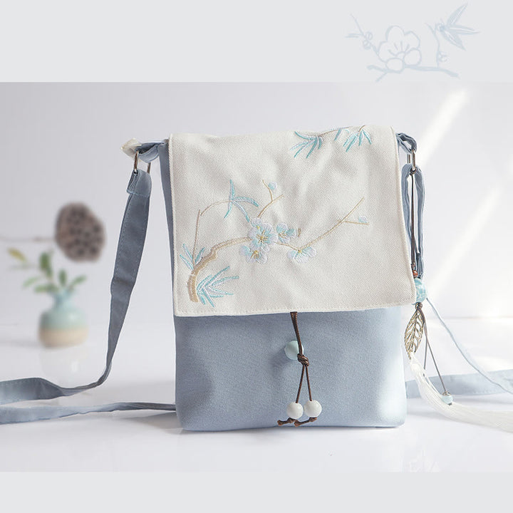 Buddha Stonesハンドメイド刺繍梅花キャンバスクロスボディバッグショルダーバッグハンドバッグ