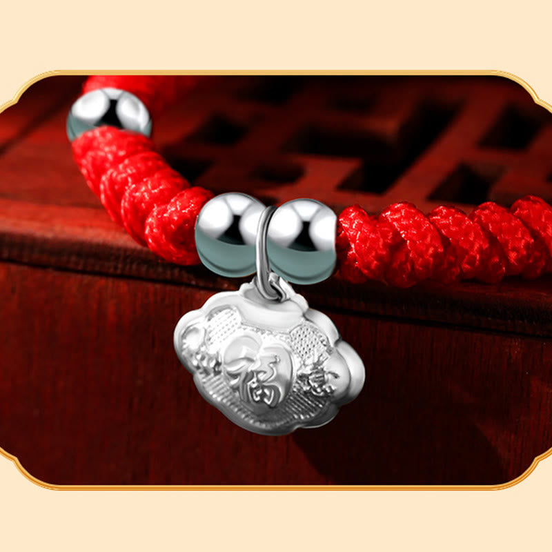 Buddha Stones925 スターリングシルバー ハンドメイド フーキャラクター 幸運のお金袋 中国ロックチャーム ベル ロータス 銅貨 キングコングノット編み 子供用ブレスレット