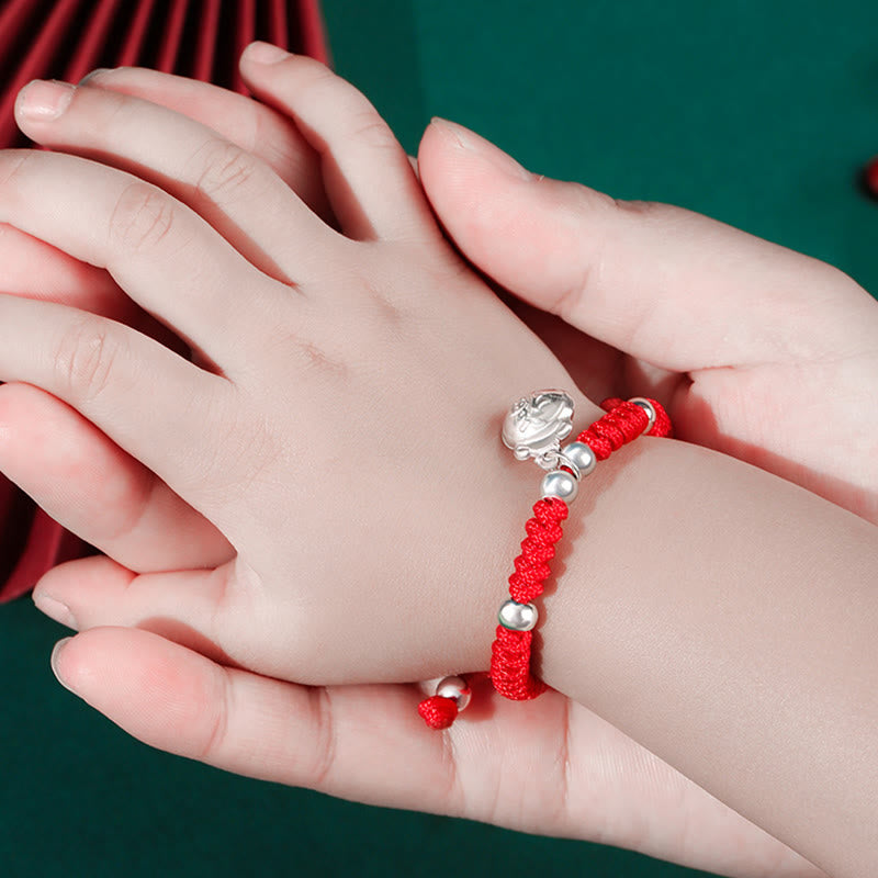 Buddha Stones925 スターリングシルバー ハンドメイド フーキャラクター 幸運のお金袋 中国ロックチャーム ベル ロータス 銅貨 キングコングノット編み 子供用ブレスレット