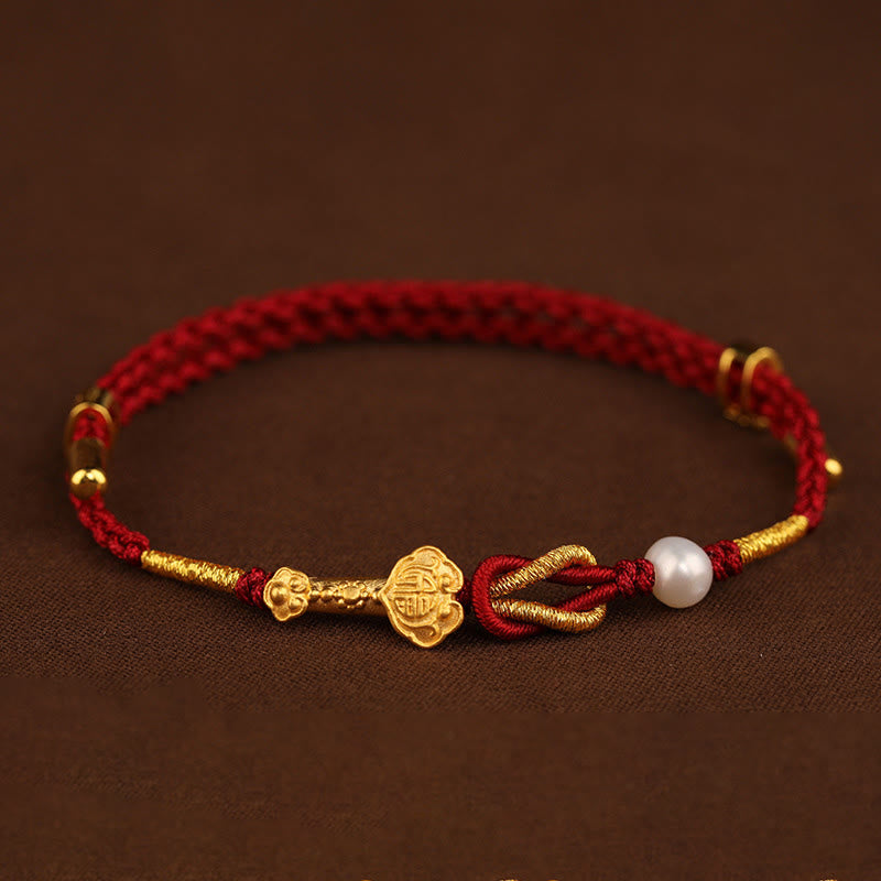 Buddha Stones24K ゴールド ウィッシュ 如意 ハンドル 福 キャラクター ウサギ パール 幸運 編み込み ブレスレット - image 1