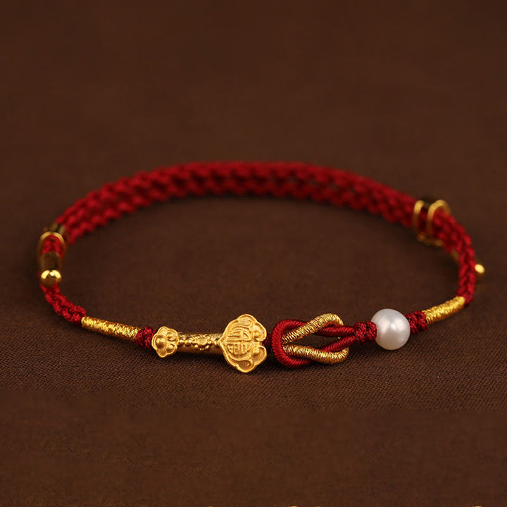 Buddha Stones24K ゴールド ウィッシュ 如意 ハンドル 福 キャラクター ウサギ パール 幸運 編み込み ブレスレット - image 1
