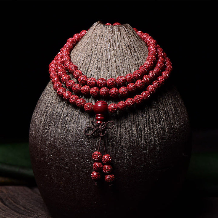 Buddha Stones 108Malaビーズ 辰砂Om Mani Padme Hum模様 刻印入り 祝福ブレスレット