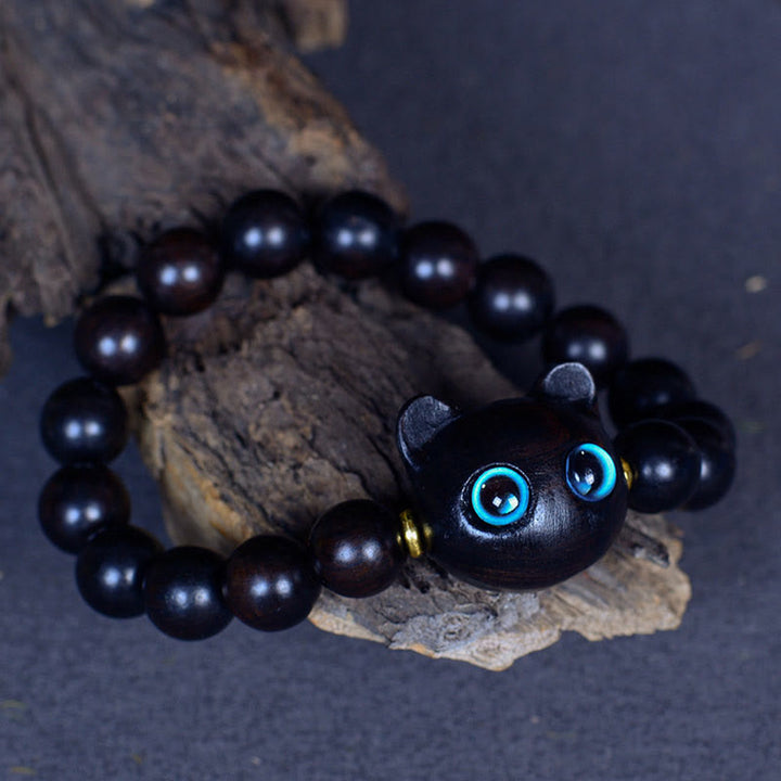 Buddha Stones、黒檀、琉璃ガラス、愛らしい猫の平和バランスブレスレット - image 11