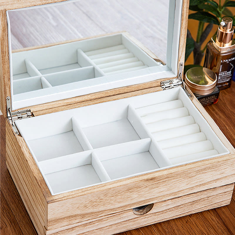 Buddha Stonesレトロ ベージュ 木製ジュエリーボックス 2層式 ジュエリー収納ボックス ミラー付き - image 8