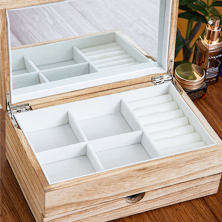 Buddha Stonesレトロ ベージュ 木製ジュエリーボックス 2層式 ジュエリー収納ボックス ミラー付き - image 8