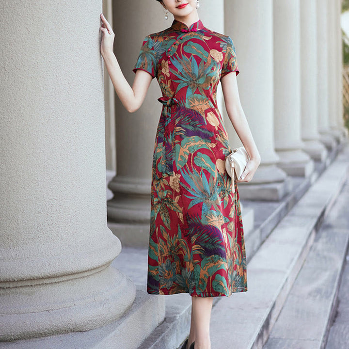 Buddha Stonesシルクチャイナドレス レトロ花葉柄レディースチャイナドレス