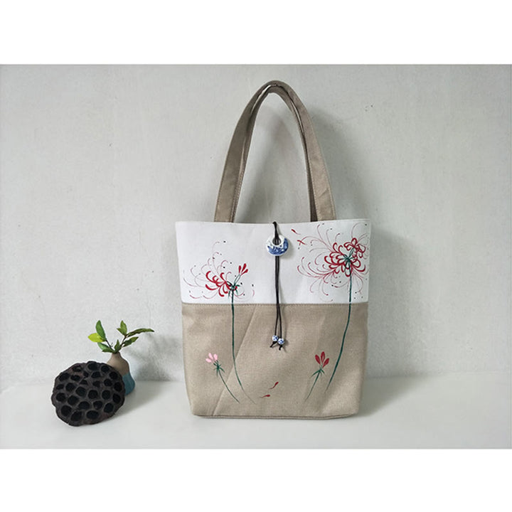 梨花 梅 桃の花 竹刺繍 キャンバス 大容量 ショルダーバッグ トートバッグ