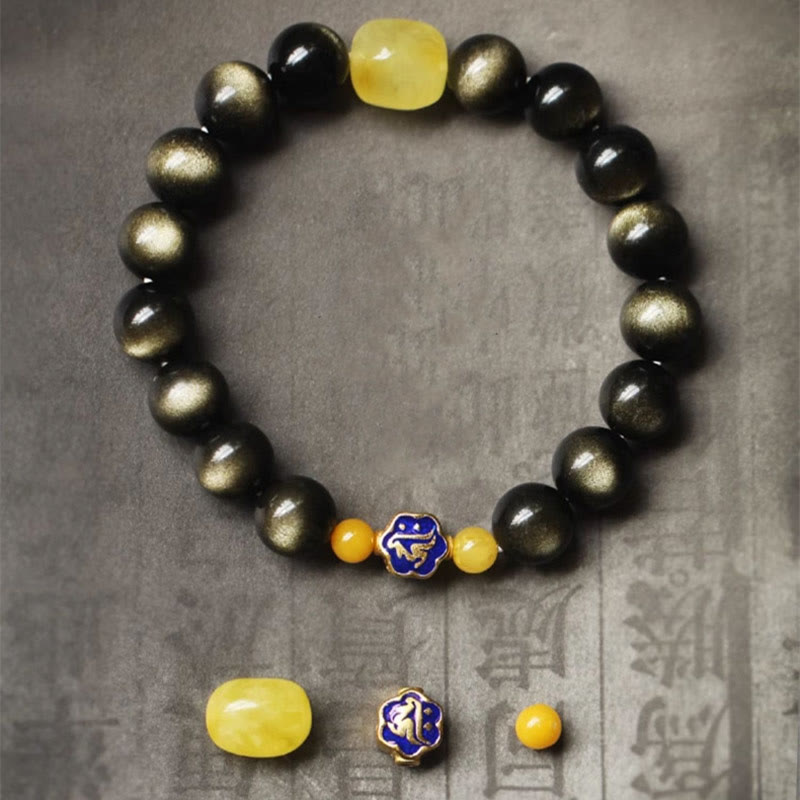 Buddha Stones925 スターリングシルバー十二支誕生仏天然金光沢 黒曜石 琥珀 富の守護ブレスレット
