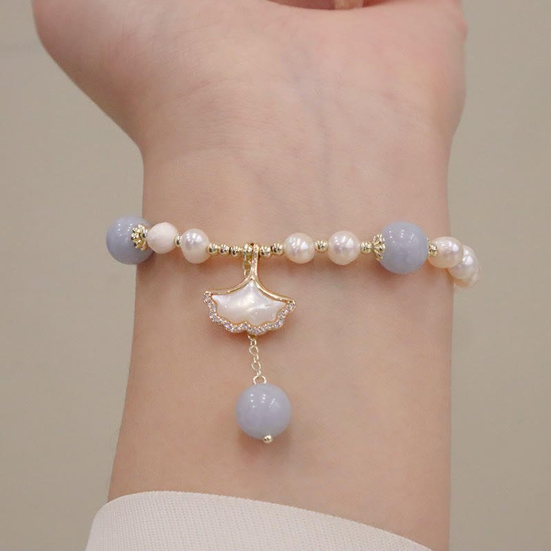 Buddha Stones天然アクアマリンパール ヒーリング イチョウの葉 バタフライ チャームブレスレット