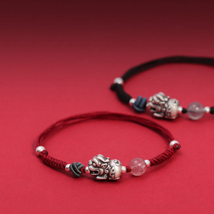 Buddha Stones 999スターリングシルバー PiXiu ストロベリークォーツビーズ 富と幸運の編み込みブレスレット