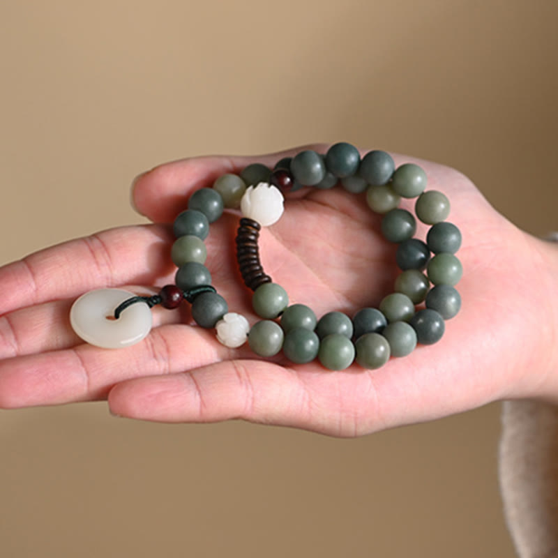 Buddha Stonesシアン菩提樹の種子 蓮の翡翠 平和バックル ウィズダム ダブルラップブレスレット