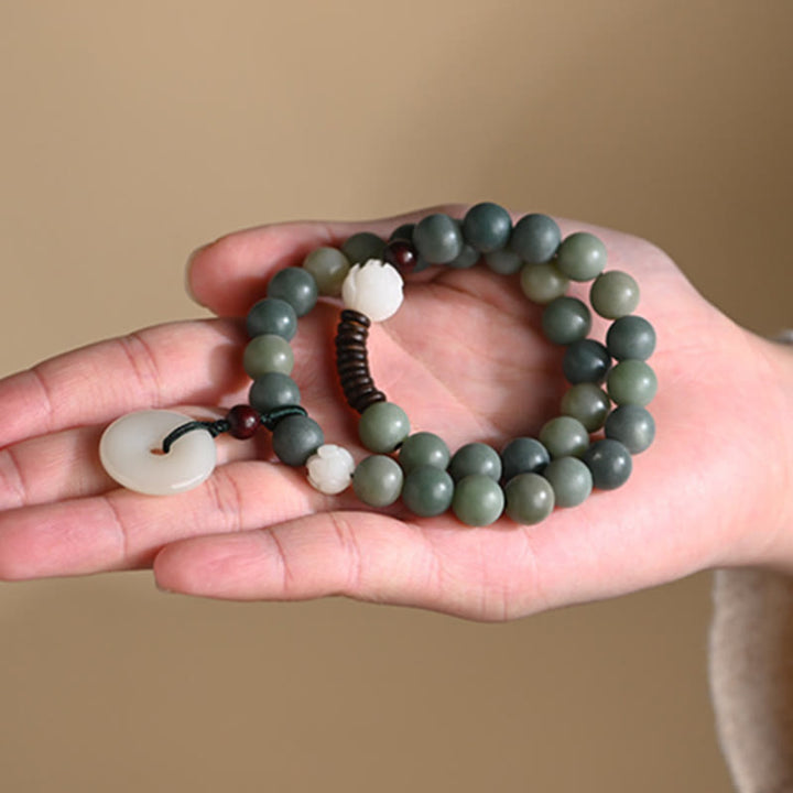 Buddha Stonesシアン菩提樹の種子 蓮の翡翠 平和バックル ウィズダム ダブルラップブレスレット