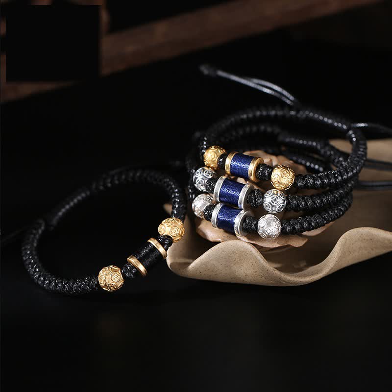 Buddha Stones999 スターリングシルバー 銅コインビーズ 銅バランス編み紐ブレスレット