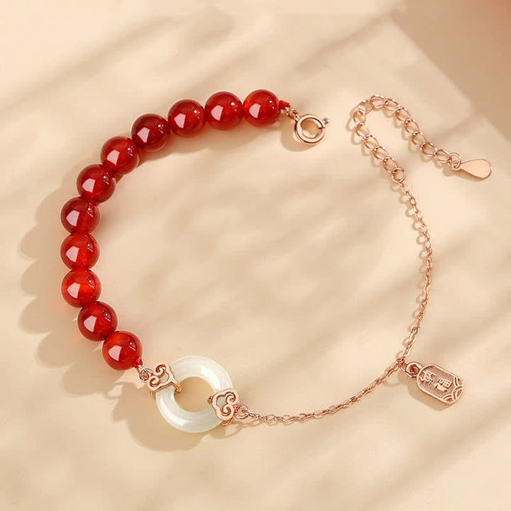 Buddha Stones 925スターリングシルバー 天然レッドアゲート ホワイトジェイド ピースバックル コンフィデンスブレスレット