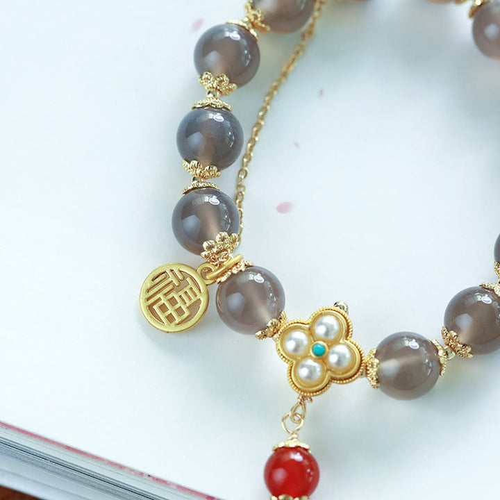 Buddha Stones天然グレー瑪瑙フーキャラクターパールタッセルバランスブレスレット