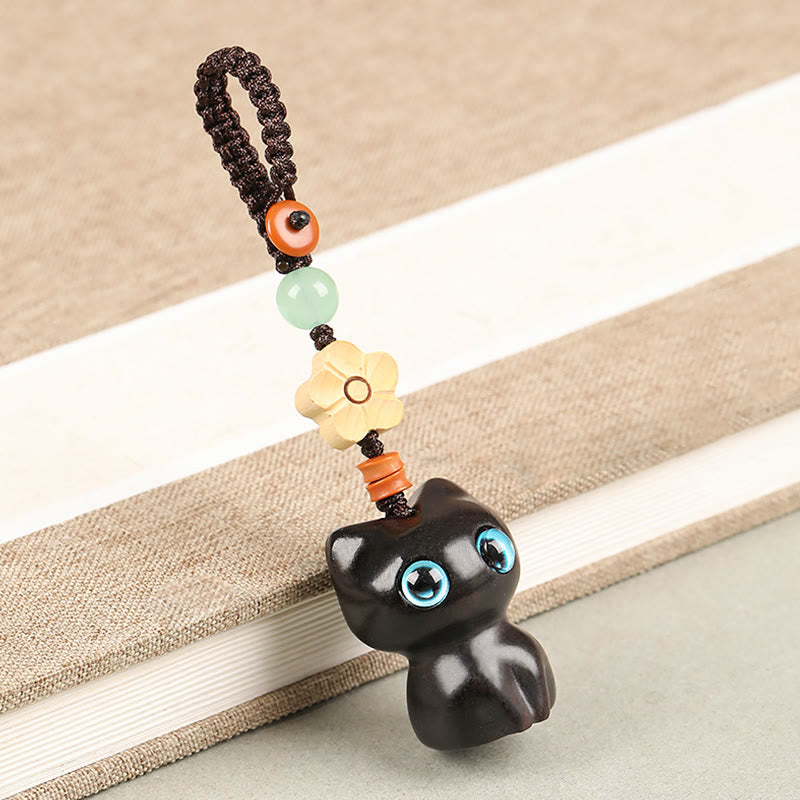 Buddha Stonesミニ小葉紫檀黒檀キャットラブリーキティピースキーチェーン電話吊り下げ装飾 - キーホルダー - エボニーキャット - image 3
