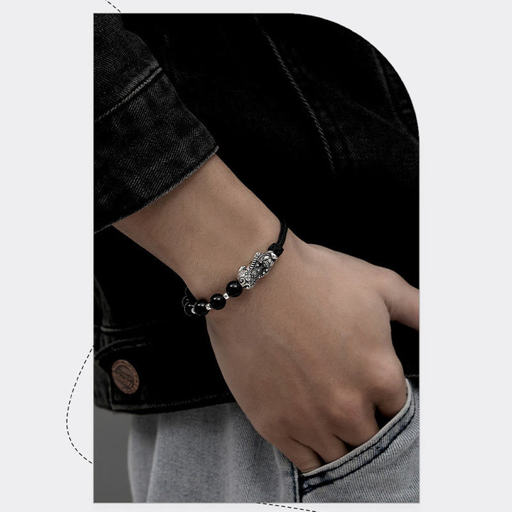 Buddha Stones999スターリングシルバー 風水 貔貅 天然黒曜石 925スターリングシルバー ビーズ 強度ブレスレット
