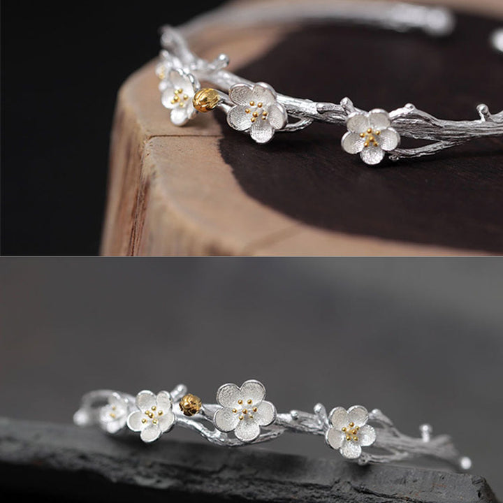 Buddha Stones925スターリングシルバー プラムフラワー 祝福ブレスレット 調節可能バングル