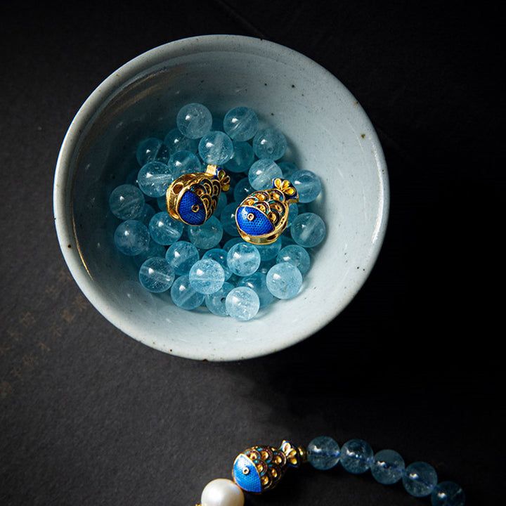 Buddha Stones天然アクアマリンラズライトフィッシュヒーリングブレスレット