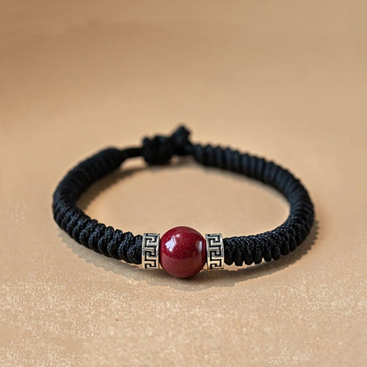 Buddha Stones 925スターリングシルバー 天然辰砂ビーズ 落ち着いたハンドメイド編み紐ブレスレット