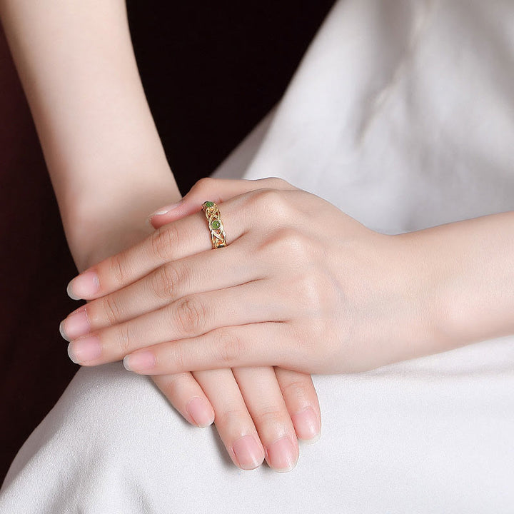 Buddha Stones925 スターリングシルバー メッキ ゴールド シアン 翡翠 編み込みデザイン 成功 幸運 調節可能 リング - image 4