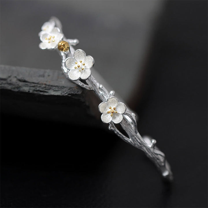 Buddha Stones925スターリングシルバー プラムフラワー 祝福ブレスレット 調節可能バングル